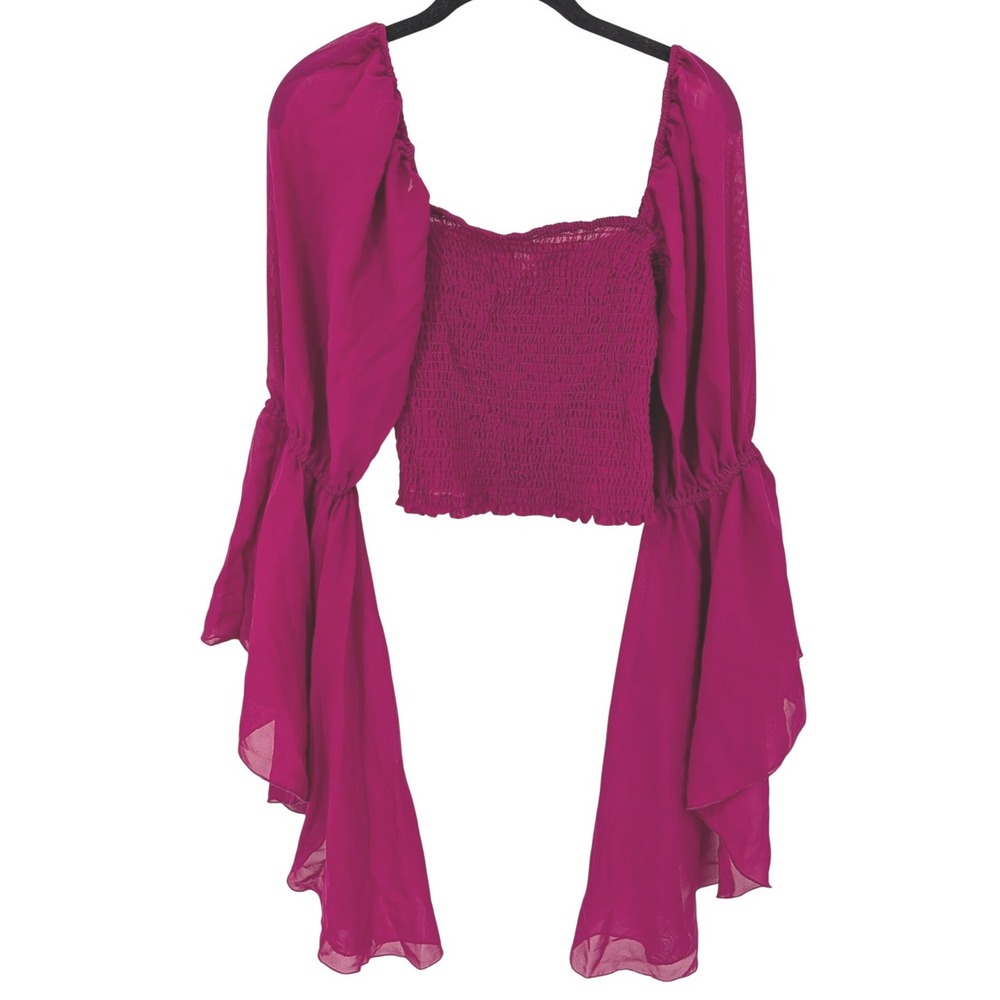 Fairycore Crop Top Womens Large Magenta Pink Smocked Bell Sleeve Statement Flowy - Picture 1 of 10